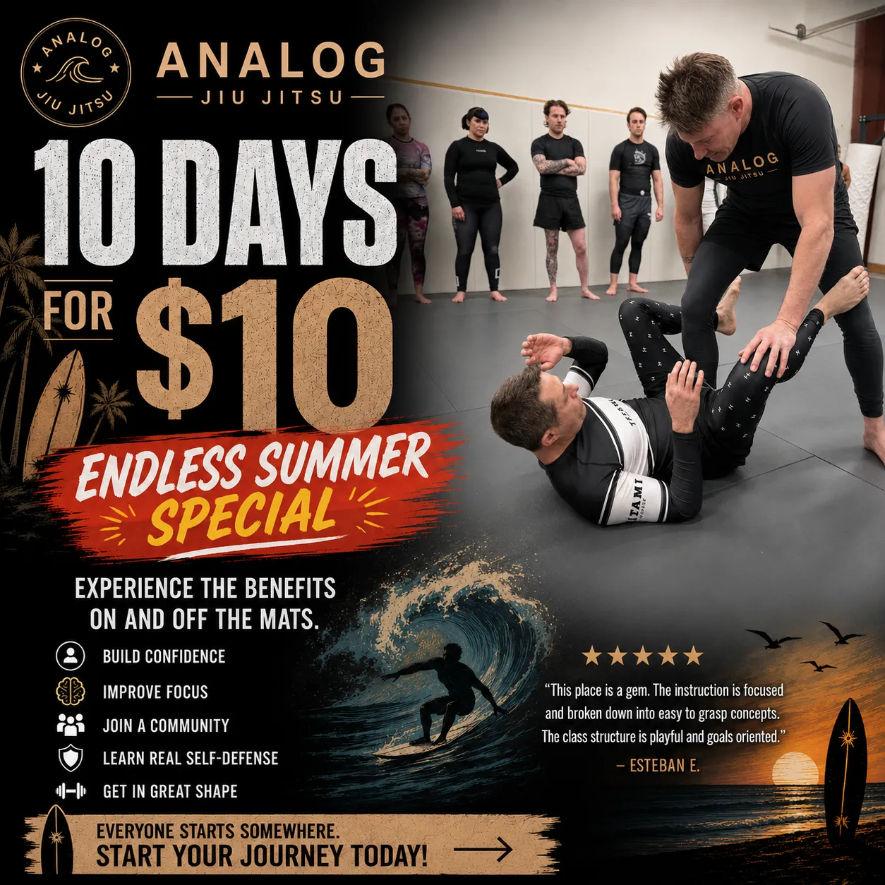 Analog Jiu Jitsu — 10 Days for $10, Summer 2026 special. Unlimited Jiu Jitsu and Muay Thai.